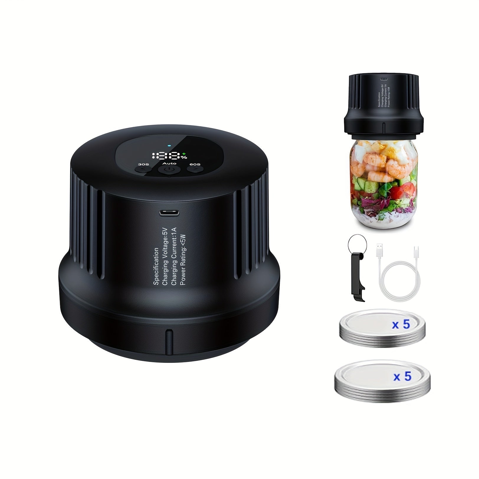 3-in-1 Mason Jar Vacuum Sealer Kit Portativ Elektrik Qopqoq Yopish Mashinasi uchun Bankalar USB Qayta Zaryadlash mumkin