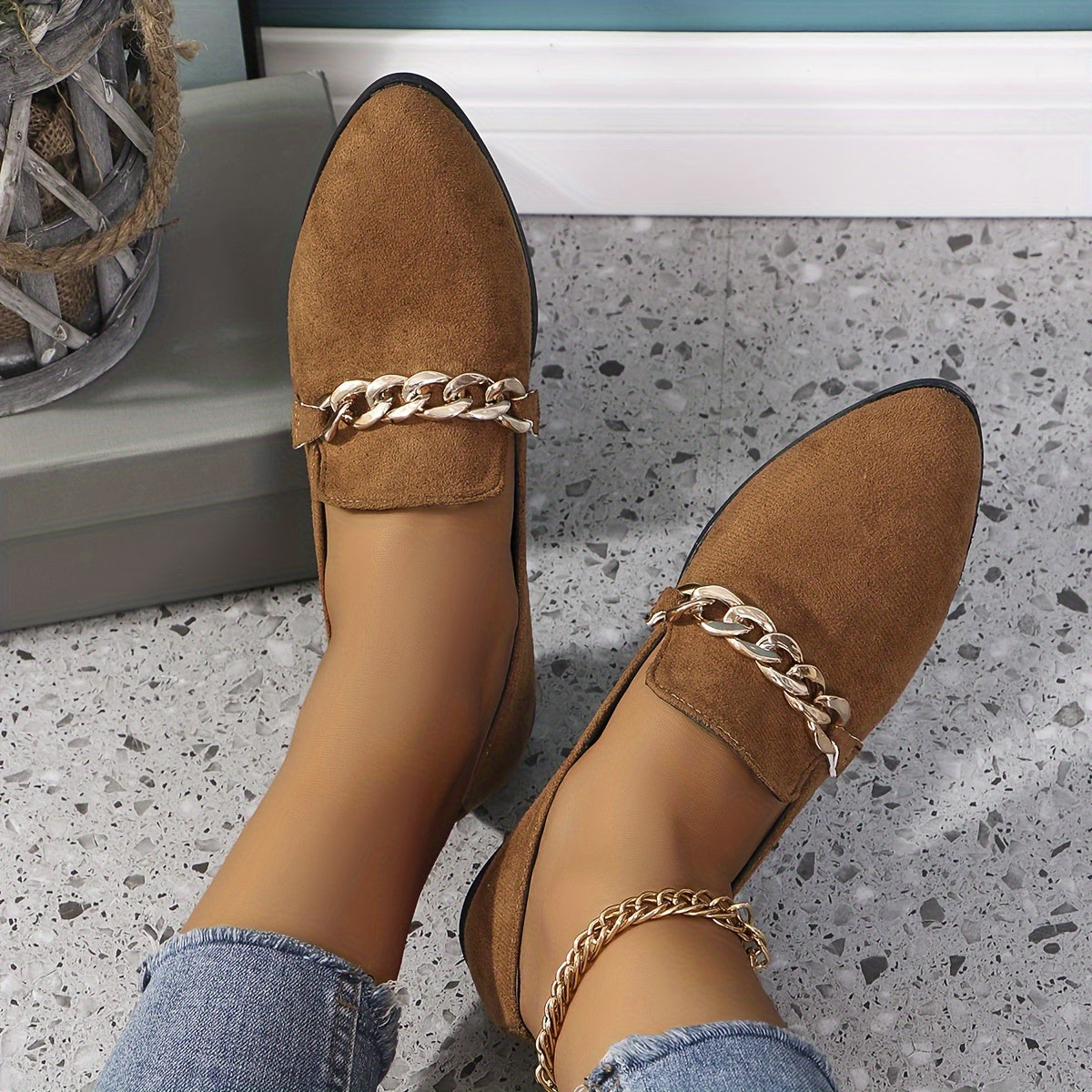 Women's Pointed Toe Flats with Gold Chain, Black Synthetic, Casual Shoes