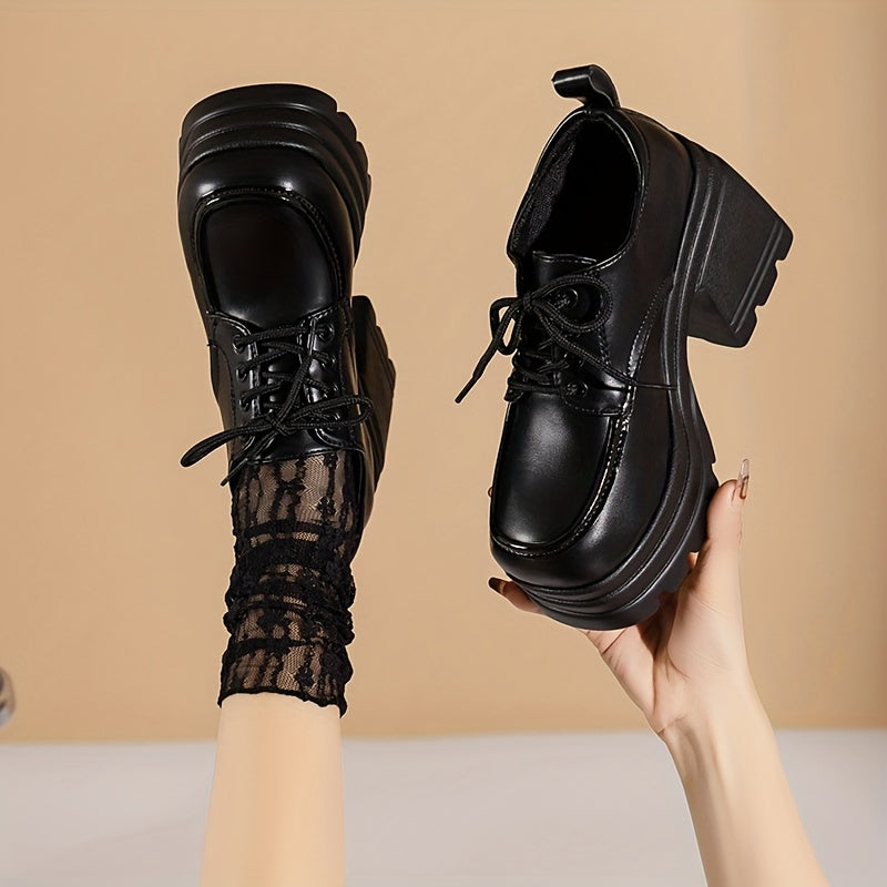 Women's Chunky Heel Lace-Up High Heels Brown Synthetic Rubber Sole