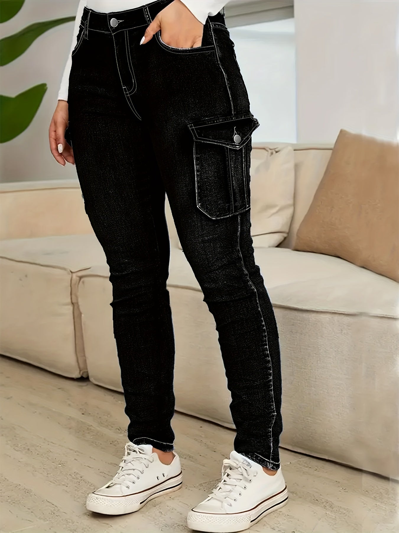 Women's Plus Size Black High-Waisted Stretch Skinny Jeans Cargo Pants