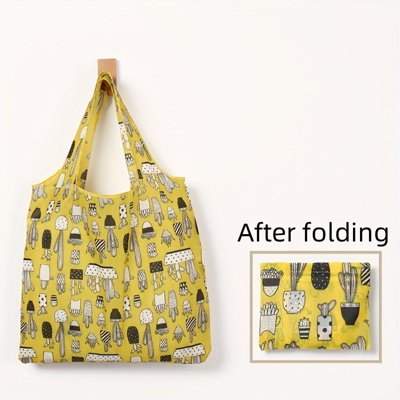 Lightweight Washable Grocery Tote Bag with Cartoon Cactus Design, Large Capacity