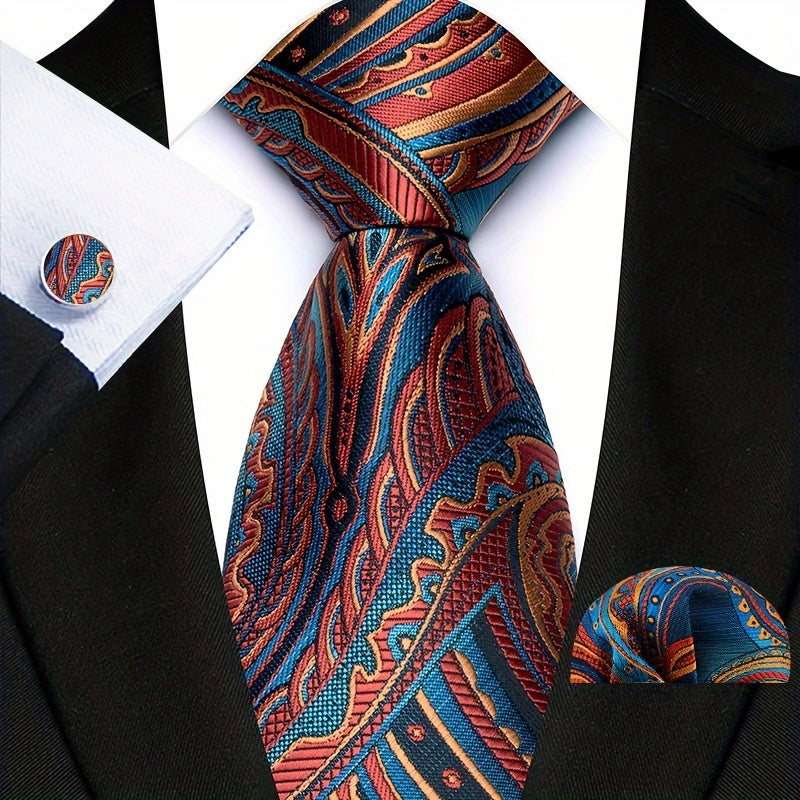 Men's Paisley Pattern Tie Set with Pocket Square and Cuffs for Business Formal