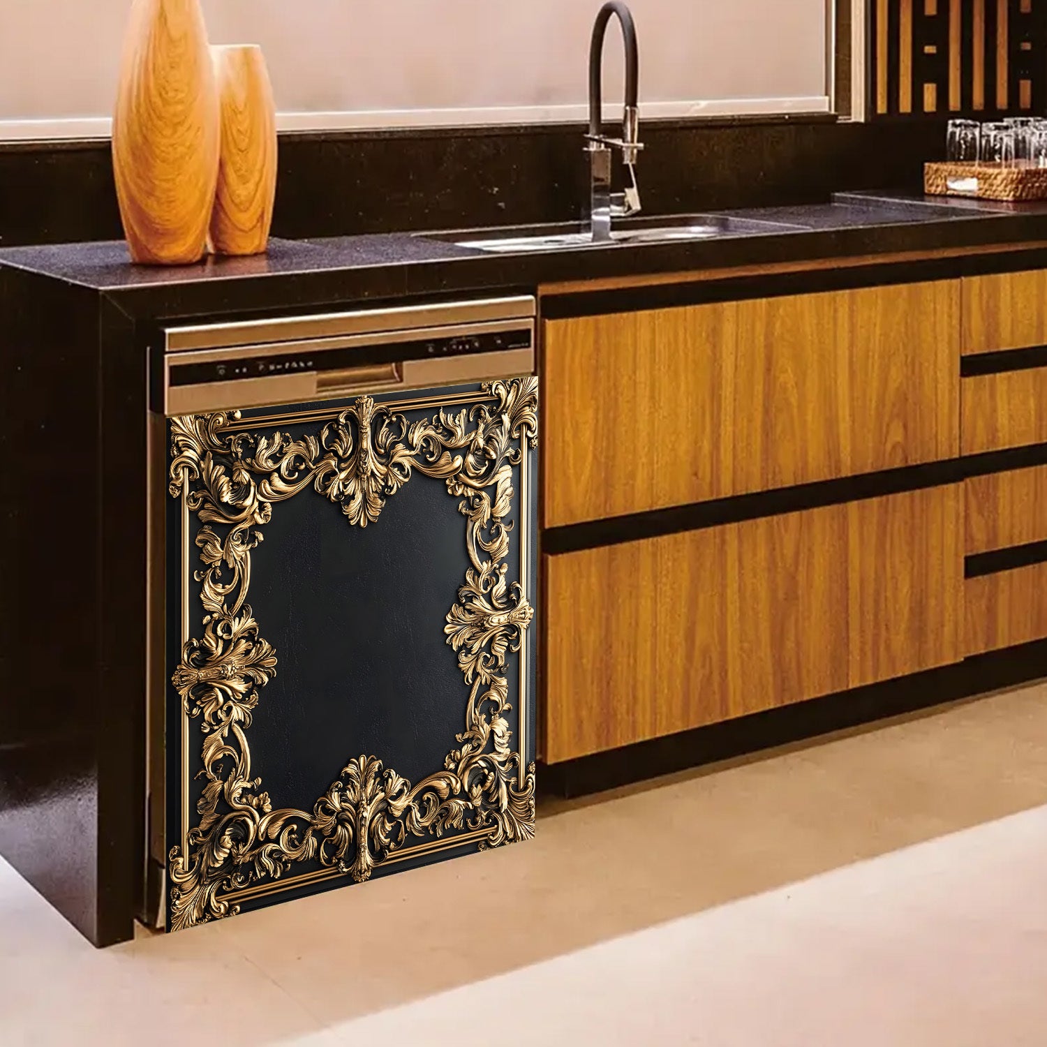 Oltin gul bezakli idish-tovoq mashinasi magnit qopqog'i, suv o'tkazmaydigan, issiqlikka chidamli metall panel dekor