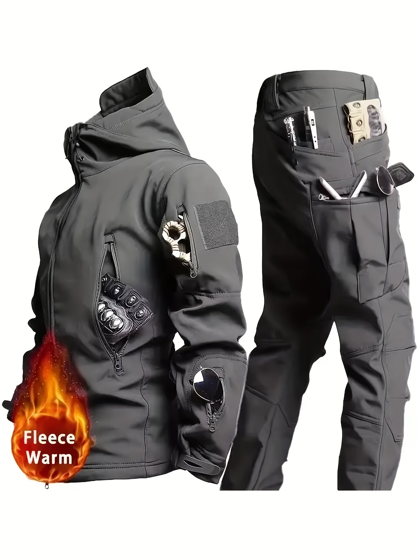 Conjunto de chaqueta y pantalones para exteriores a prueba de viento con forro de felpa para hombre, ideal para senderismo y camping en color sólido