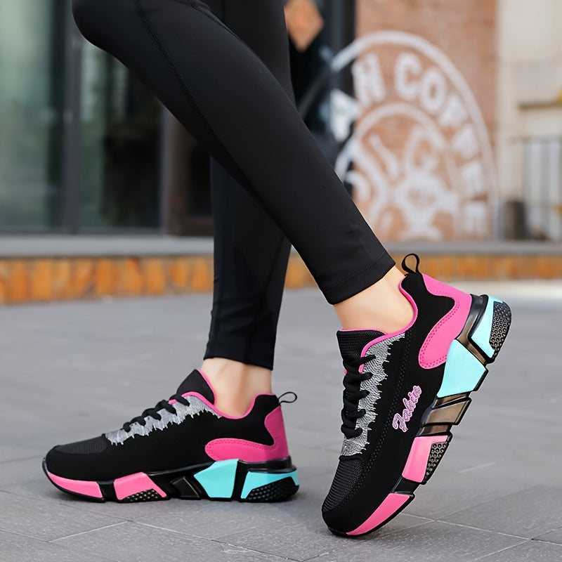Women's Colorblock Mesh Sports Shoes Low Top Running Sneakers Breathable Casual Lace-Up
