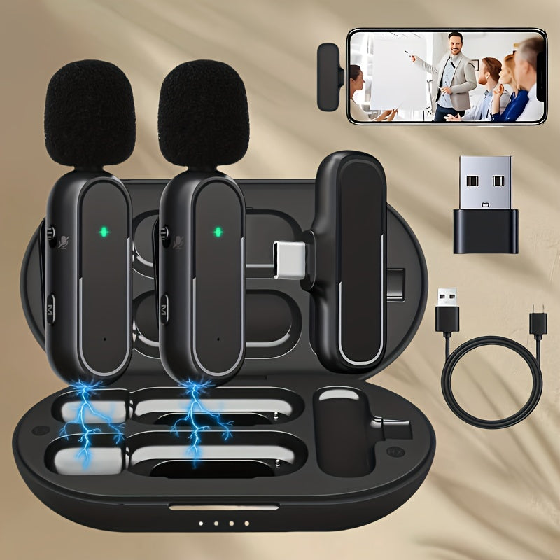 Wireless Lavalier Microphones 2 Pack Noise Cancelling for Android iPhone iPad