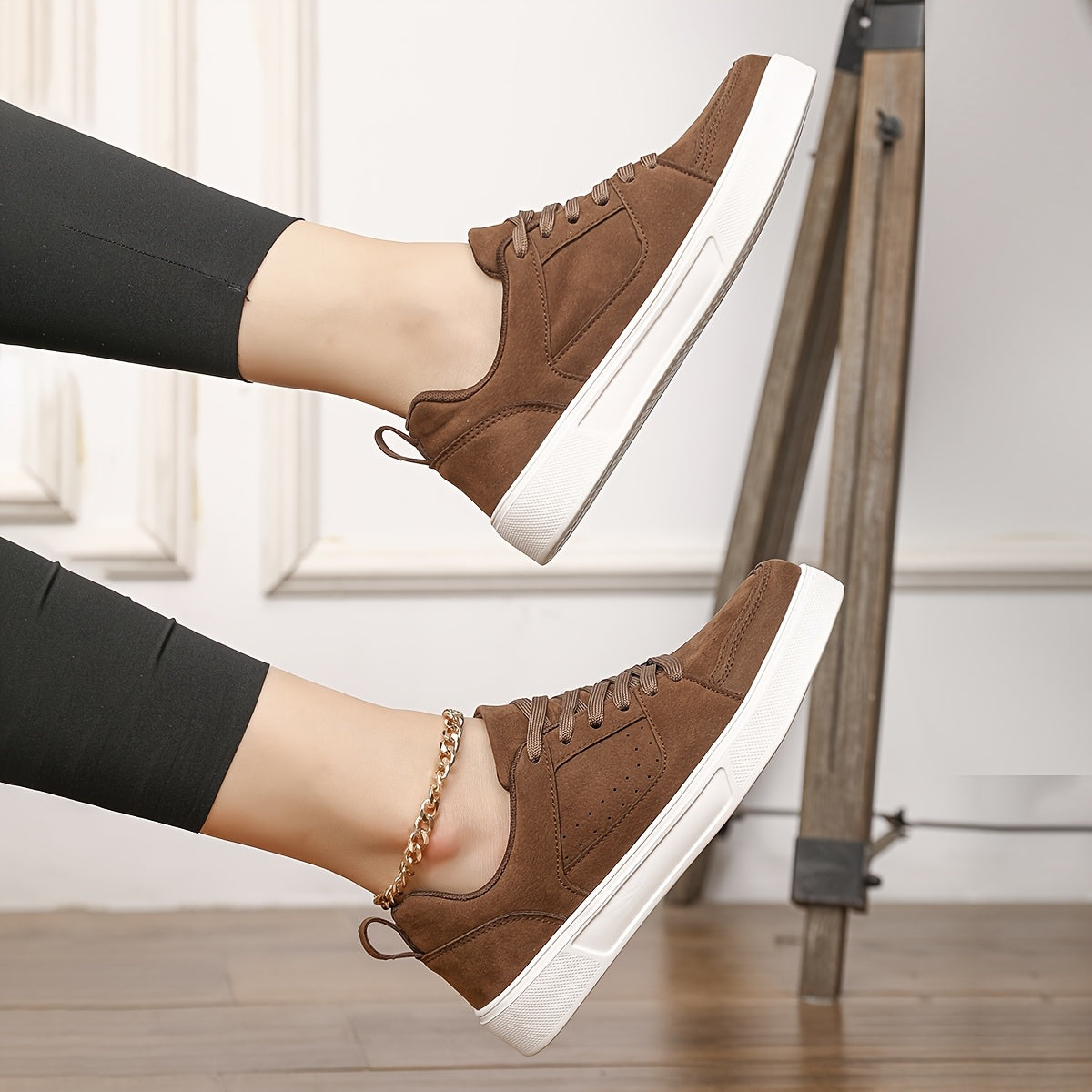 Women's Chunky Platform Sneakers Brown White Non-Slip Casual All-Season