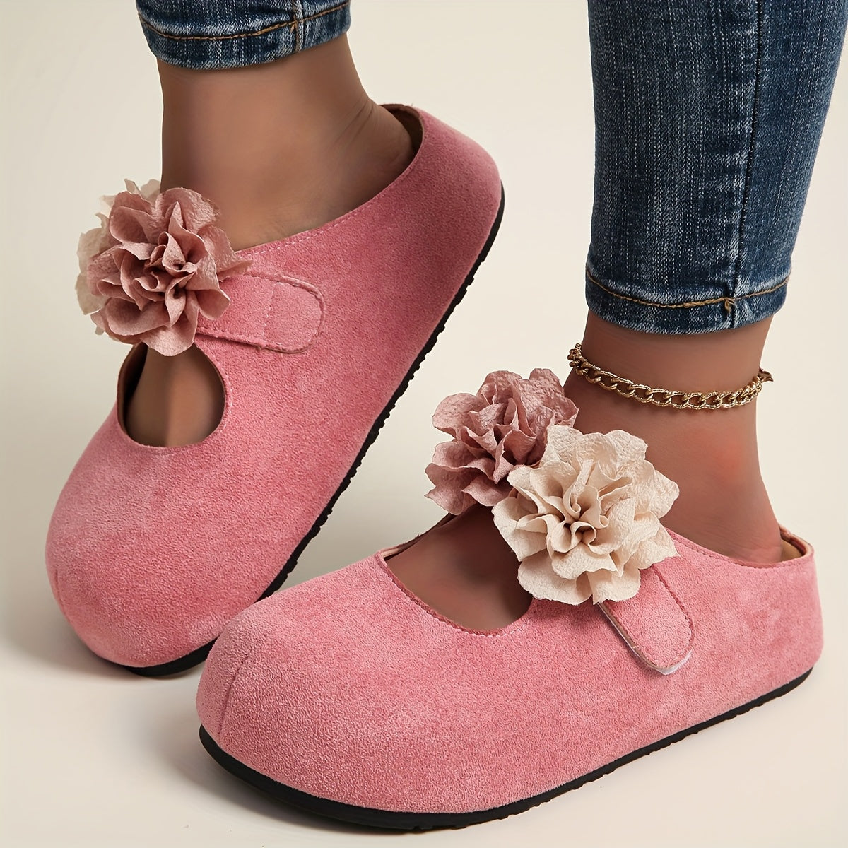 Women's Floral Platform Mules - Slip-On Loafers with Thick Sole in Pastel Pink