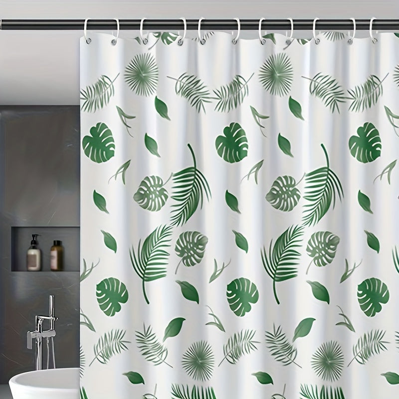 Water-Resistant Polyester Tropical Leaf Bath Liner with Hooks for Bathroom Decor