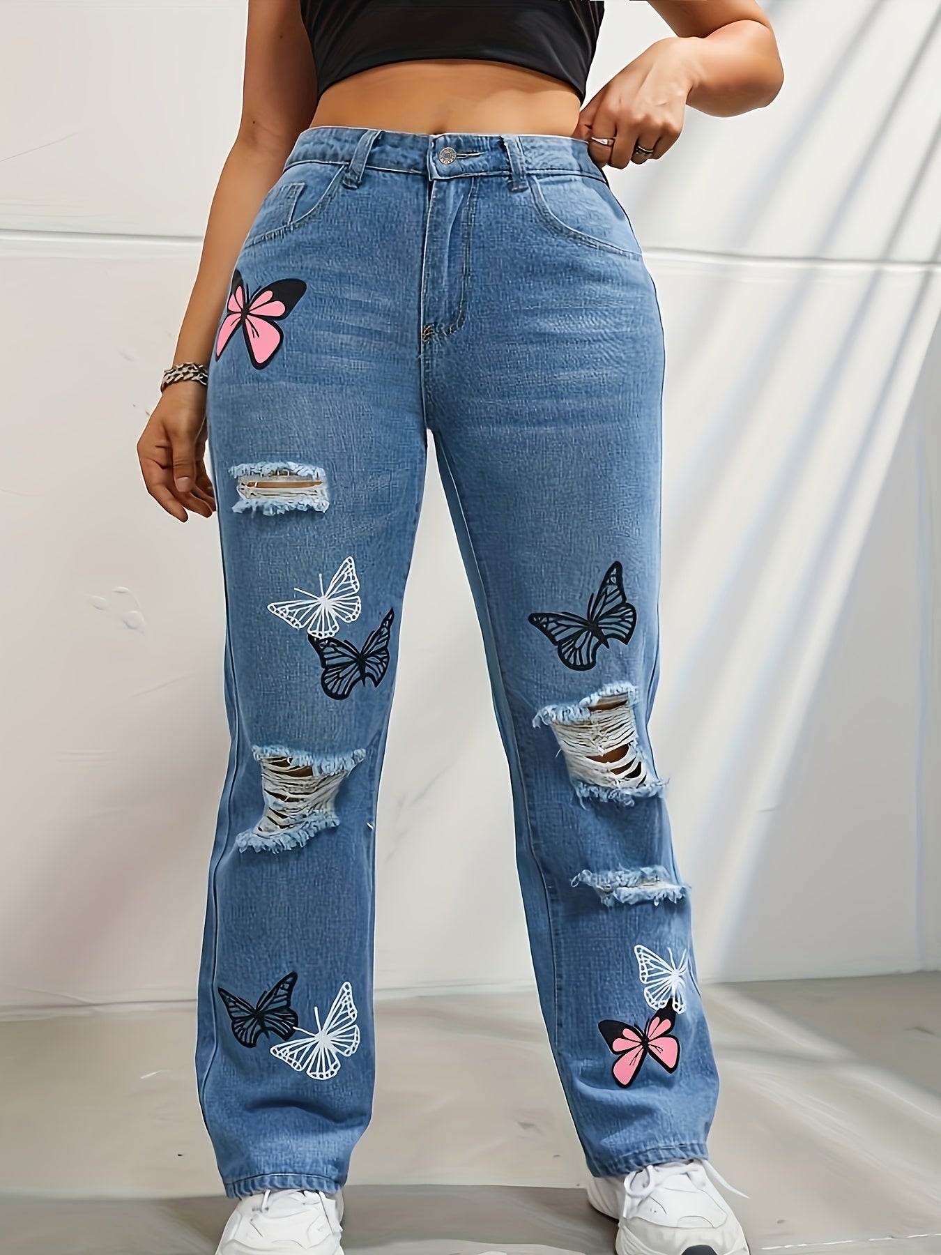 Plus Size Women's Y2K Butterfly Print Ripped High Rise Straight Leg Jeans