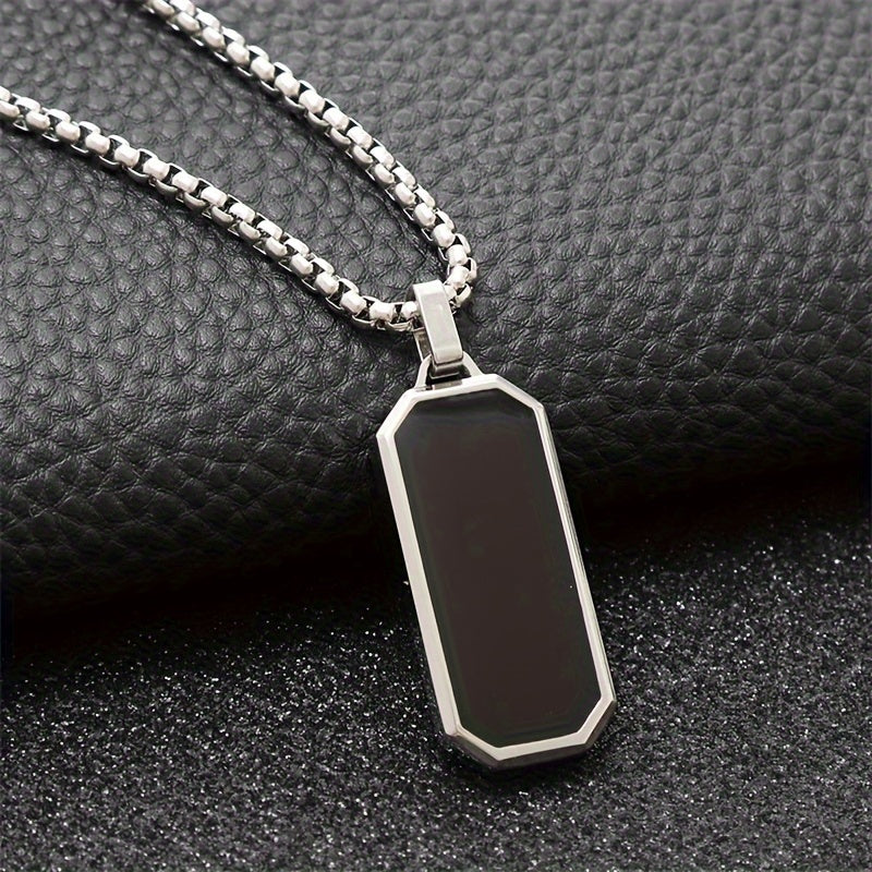 Men's Stainless Steel Necklace with Black Enamel Geometric Pendant