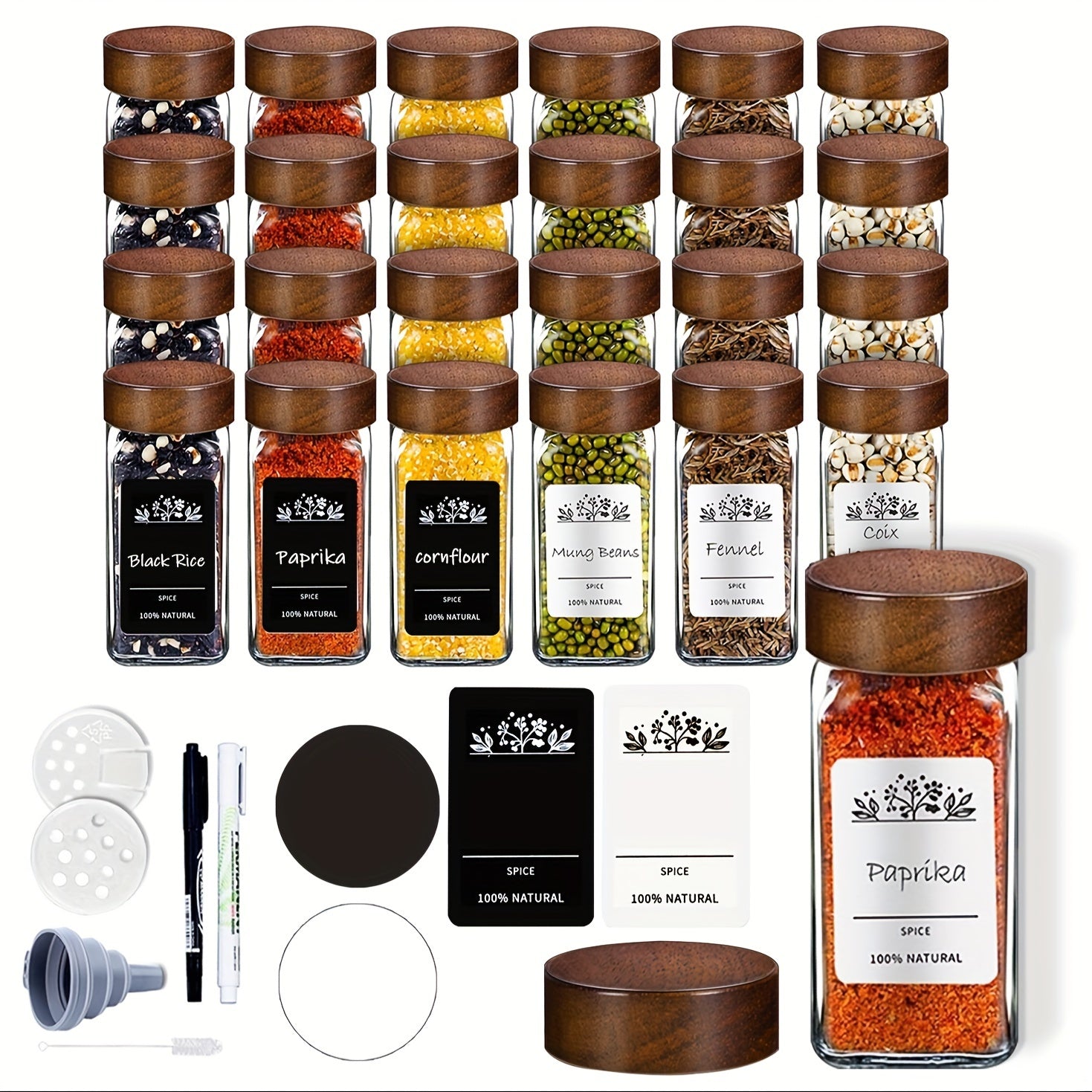 Set of 6 12 or 24 Glass Spice Jars with Sandalwood Lids 120ml Kitchen Organization