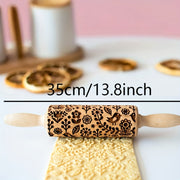 Wooden Rolling Pin with Embossed Patterns for Cookies and Dough