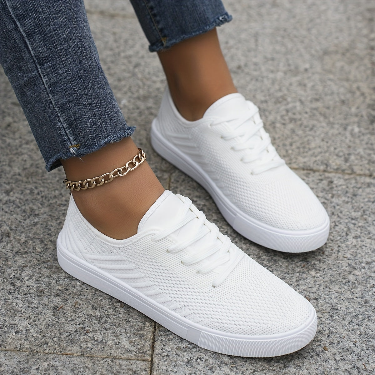 Women's Breathable Casual White Sneakers Low-Top Lace-Up All-Season Comfort