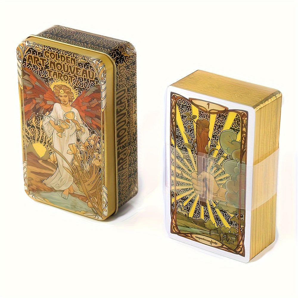 Elegant Gold Art Nouveau Tarot Cards 78-Piece Deck with Gilded Edges and Tin Box