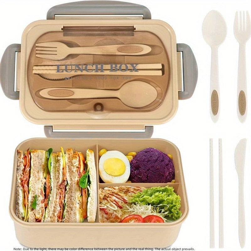 Caja de almuerzo beige Bento para adultos y estudiantes, a prueba de fugas, libre de BPA, con 3 compartimentos