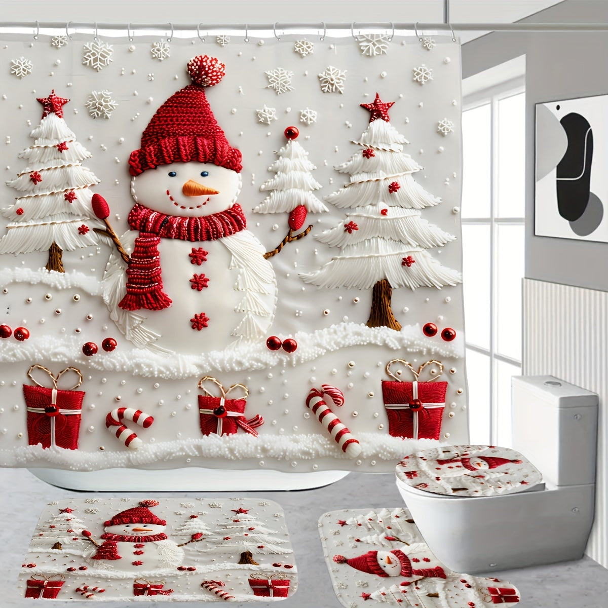 Christmas Snowman Shower Curtain Set with Bath Mat Toilet Lid Cover and Rug Polyester Waterproof