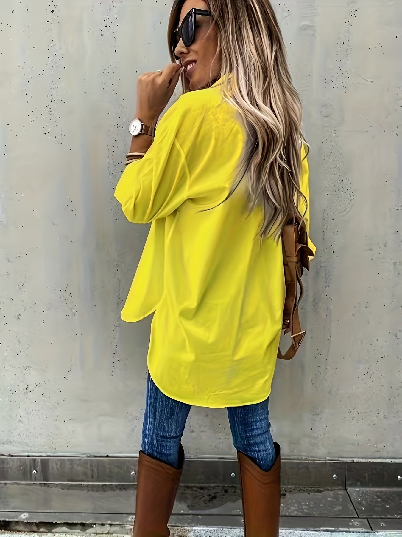 Plus o'lcham ayollar uchun to'liq rangli sariq kofta yengil polyester bahor-kuz oddiy kundalik rasmiy