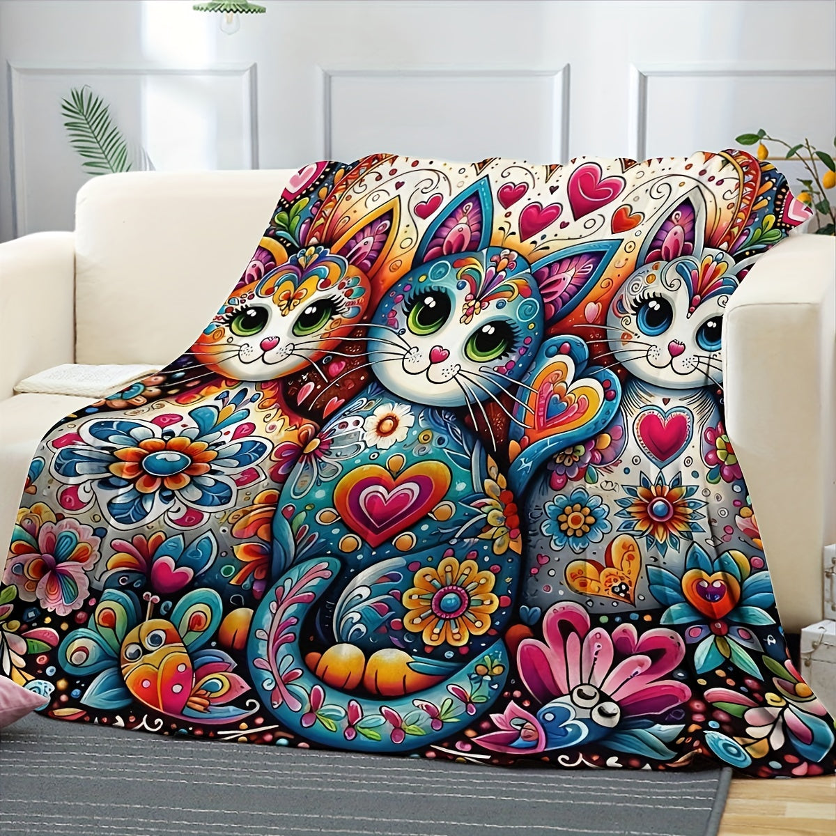 Manta de felpa con estampado de gatos coloridos, hecha de poliéster, estilo cartoon, decoración para el hogar