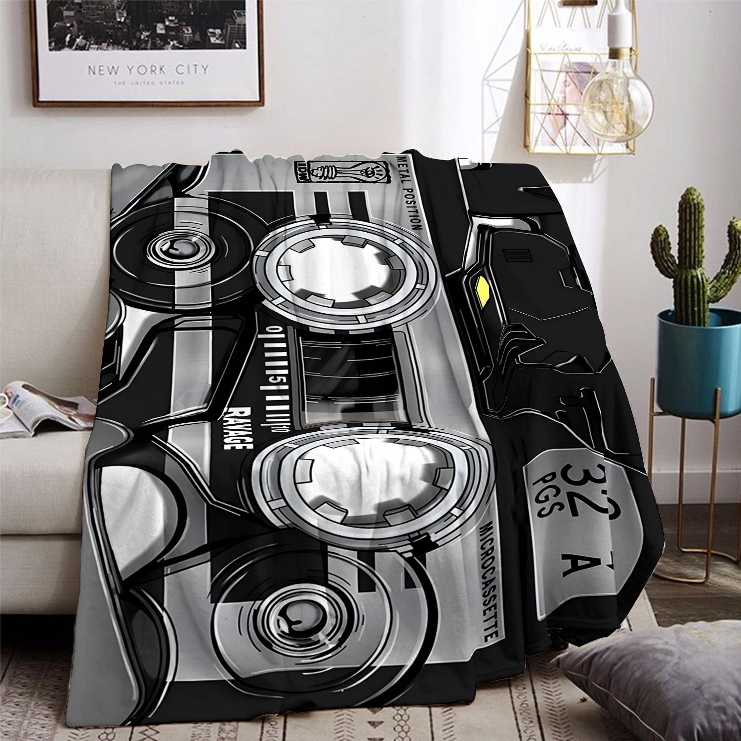 Flannel Fleece Throw Blanket with Retro Music Tape Player Design for Sofa Bed Travel Camping