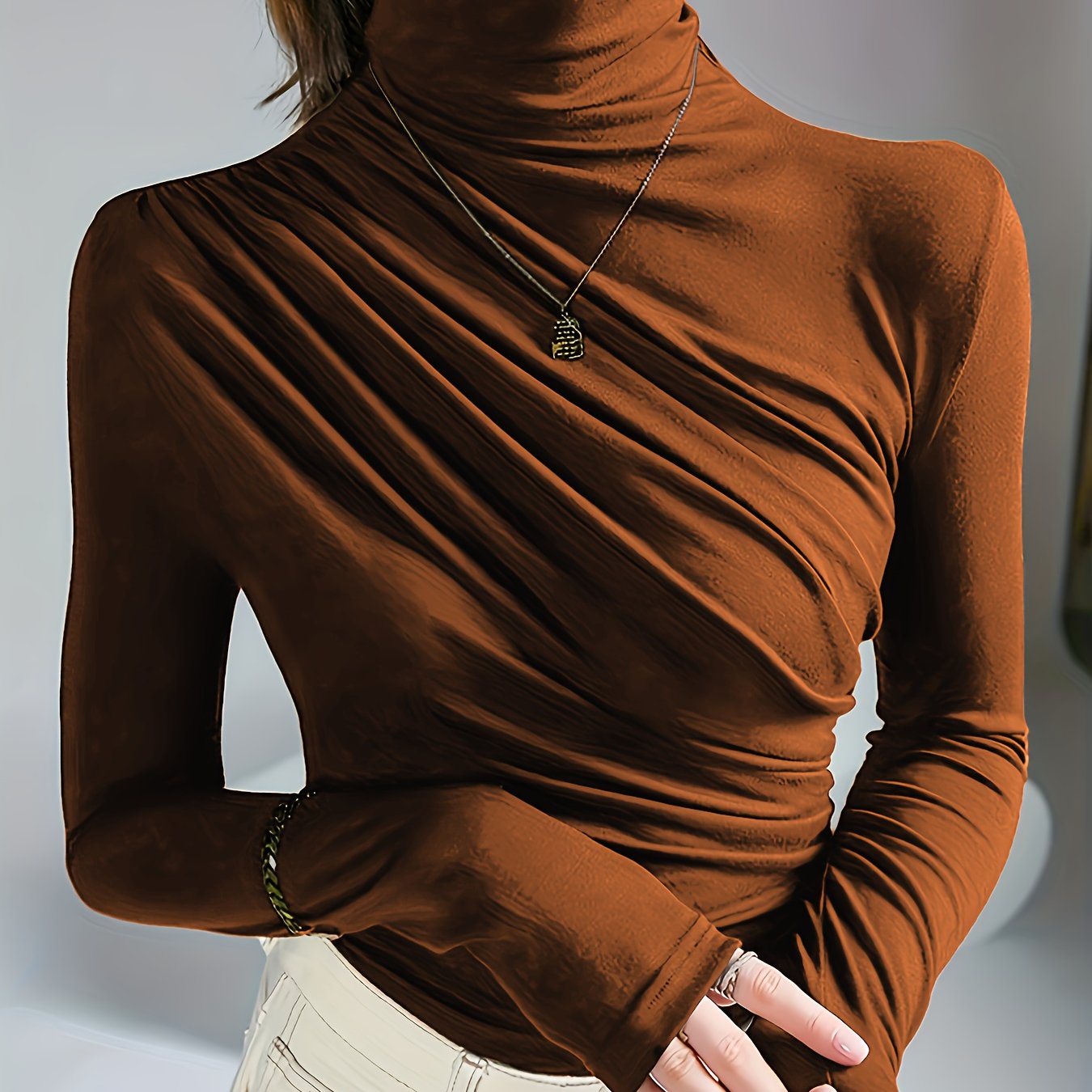 Women's Dark Brown Ruching Mock Neck Blouse with Long Sleeves and Micro Elasticity