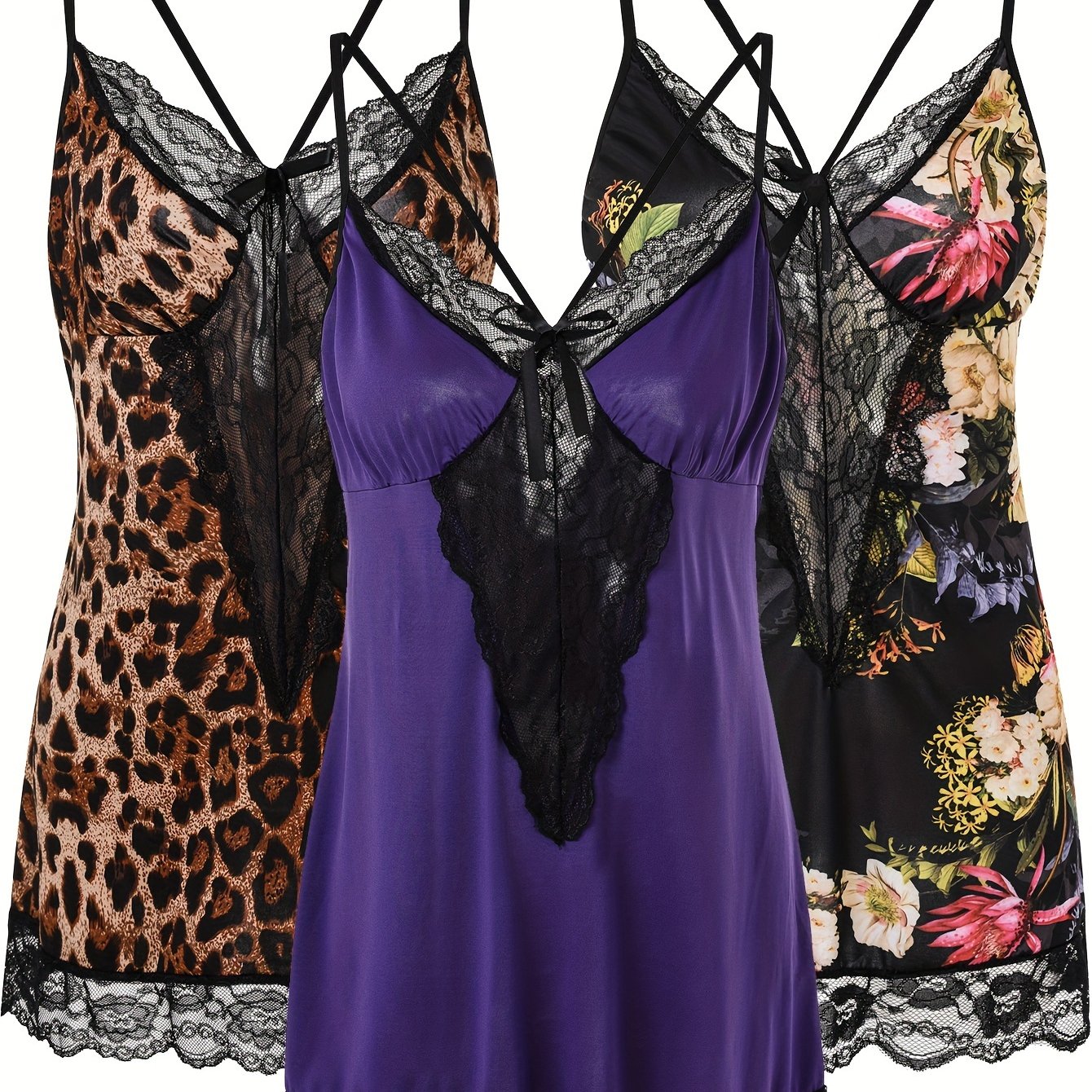 Plus Size Women's Leopard and Floral Sleep Dress Set 3pcs Halter Nightwear
