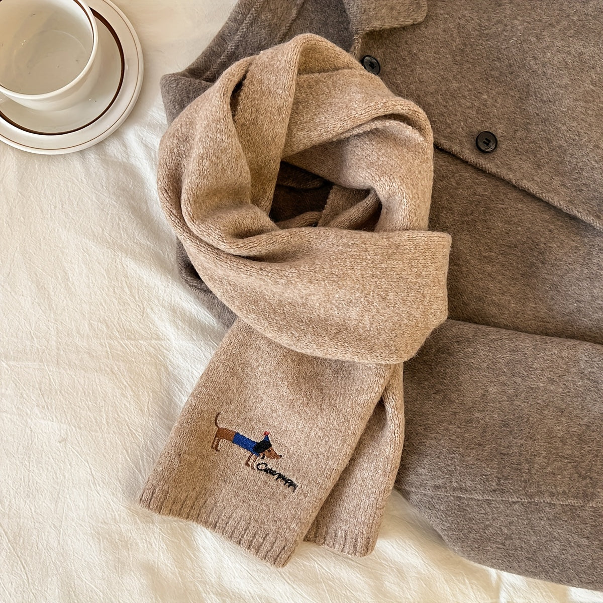 Women's Gray Wool Blend Knit Puppy Scarf Embroidered Neck Warmer Winter Windproof