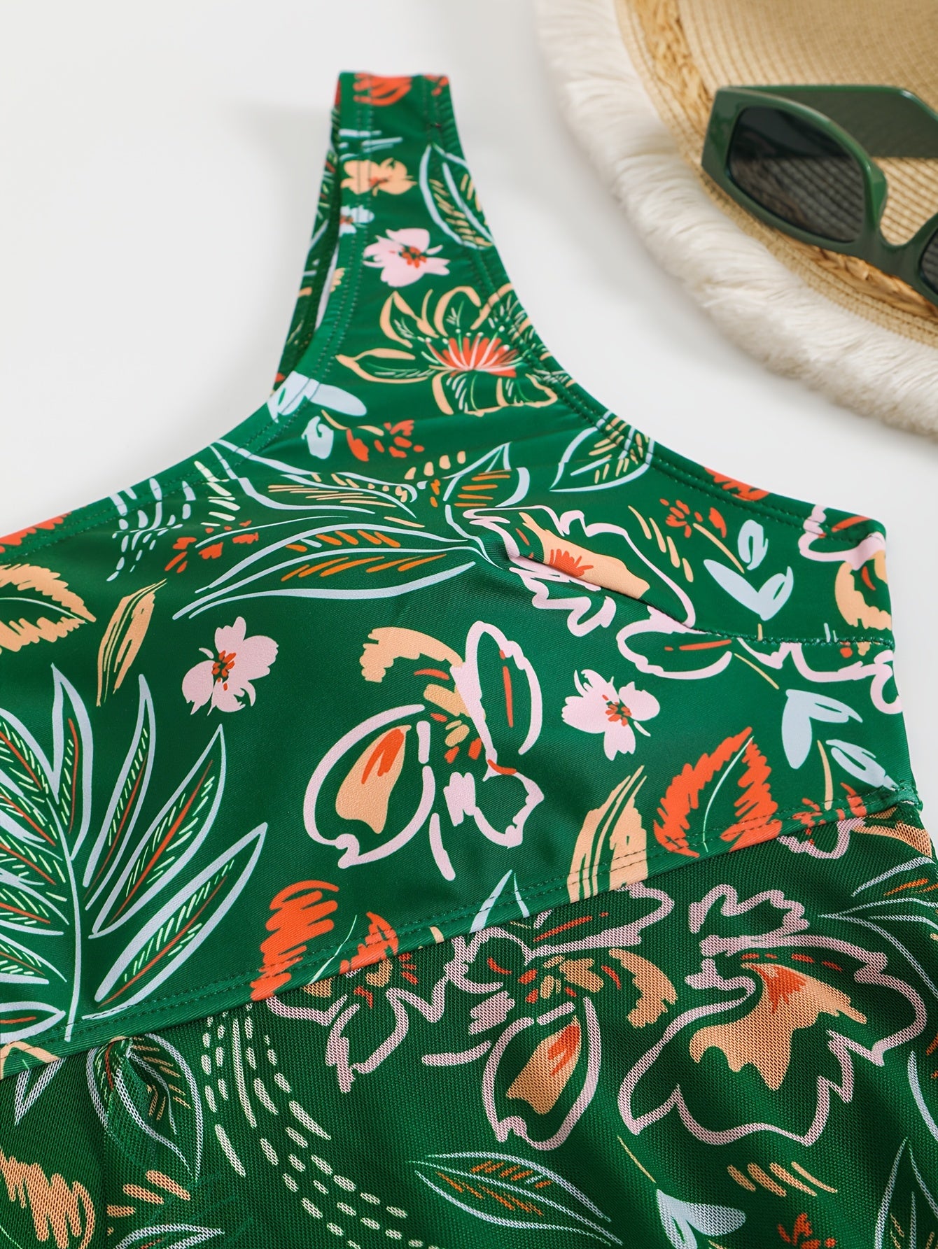 1 dona Elegant Plus Size Tropik Print Bir Parcha Suvda, Orqa Qismi Ochiq, Olingan Yostiqlar bilan, Yuqori Elastik Polyester Aralashma Matodan Yasalgan Suvda Kiyimlari Ayollar uchun.