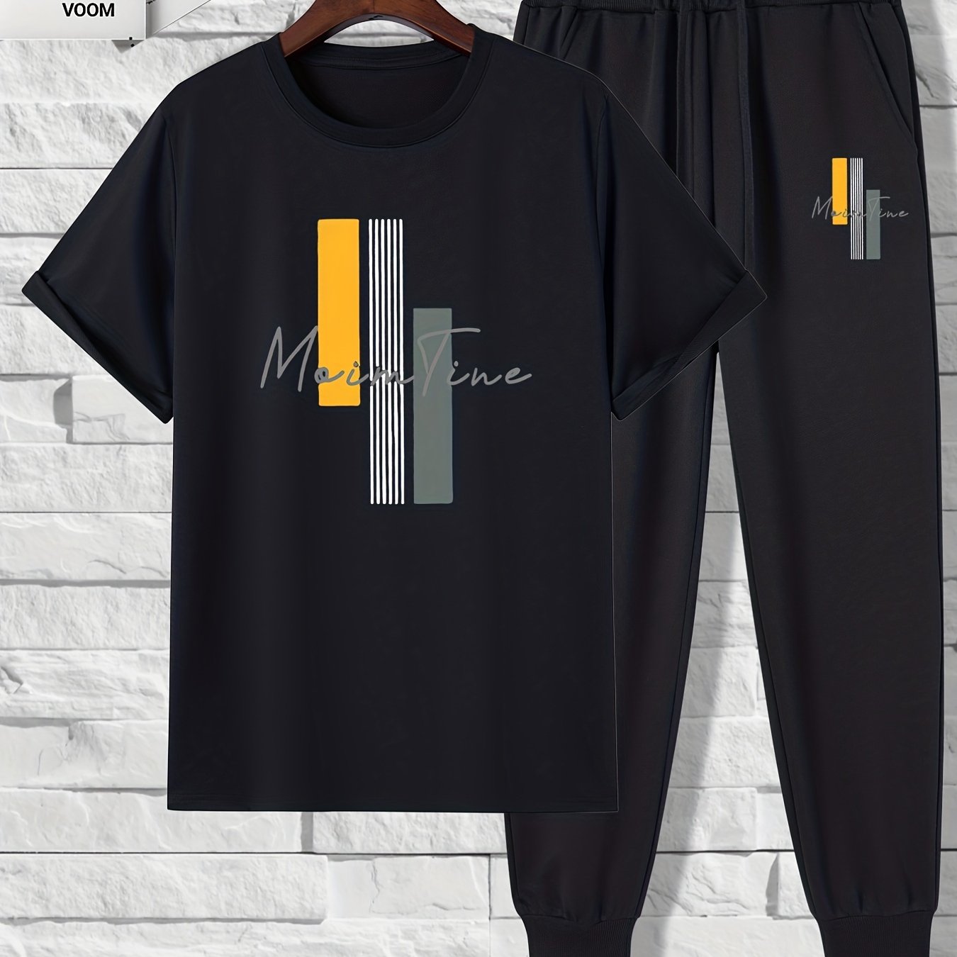 Men's Polyester Color Block Print 2-Piece Outfit Short Sleeve T-Shirt and Drawstring Trousers