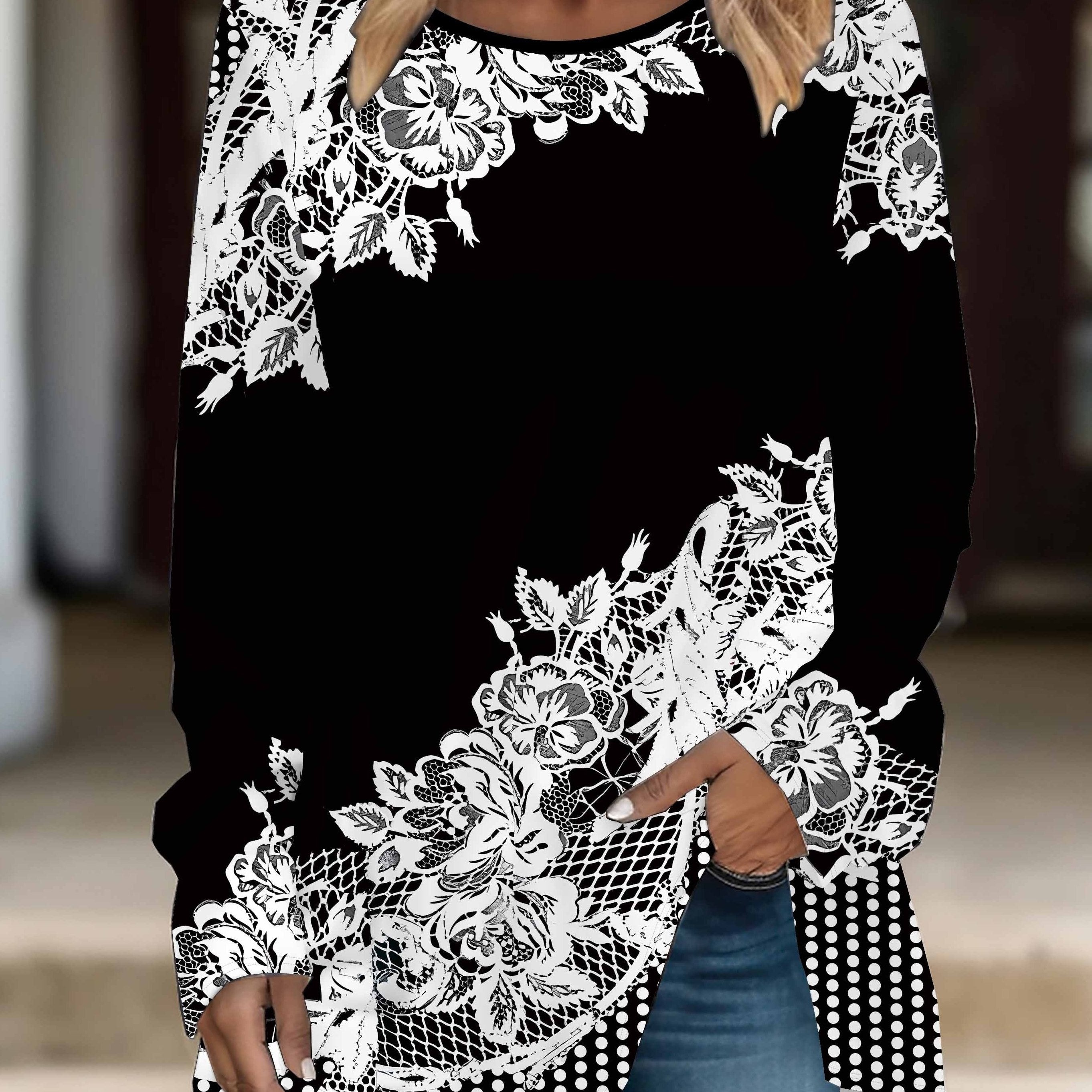 Women's Plus Size Floral Print Long Sleeve T-Shirt Crew Neck Stretchy Polyester for Spring Fall