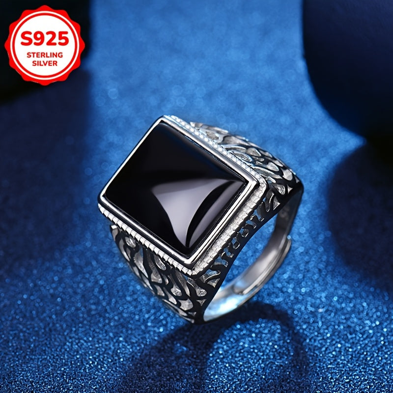 Sterling Silver Open Ring with Black Onyx and Imitation Jade Pattern for Women