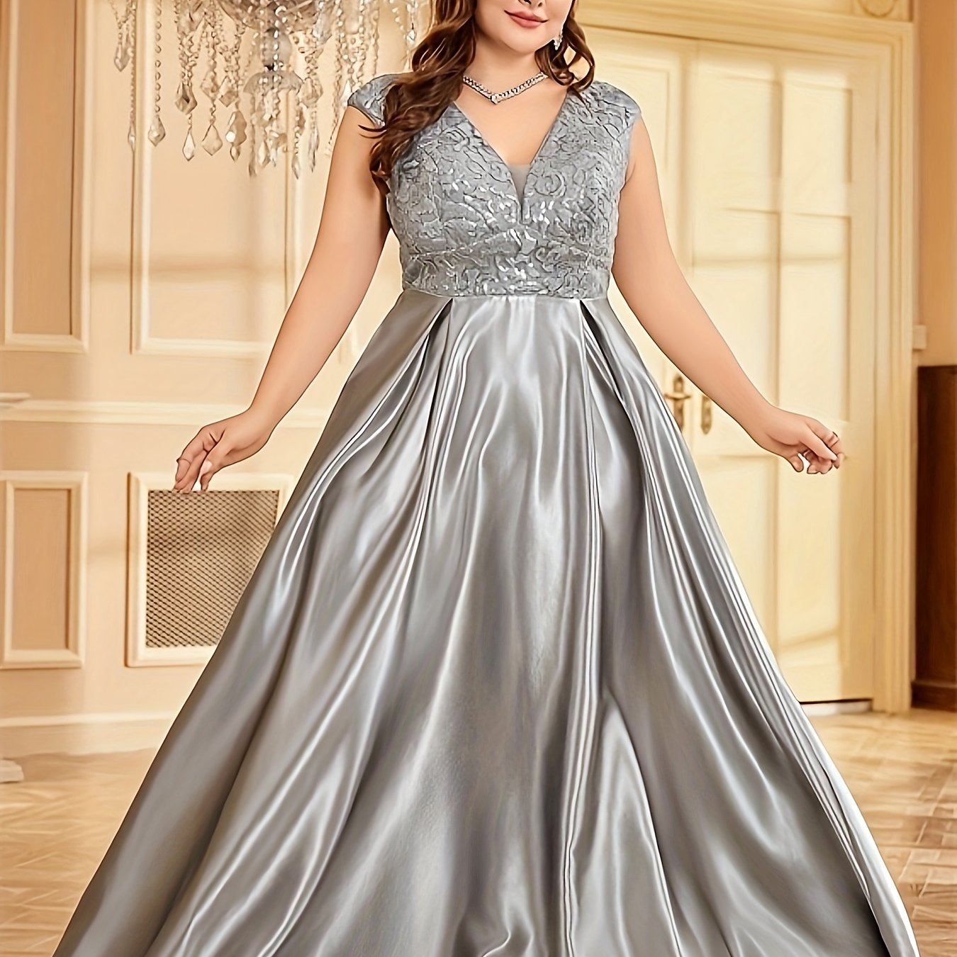 Women’s Sequin Bridesmaid Gown V-Neck Party Dress Plus Size
