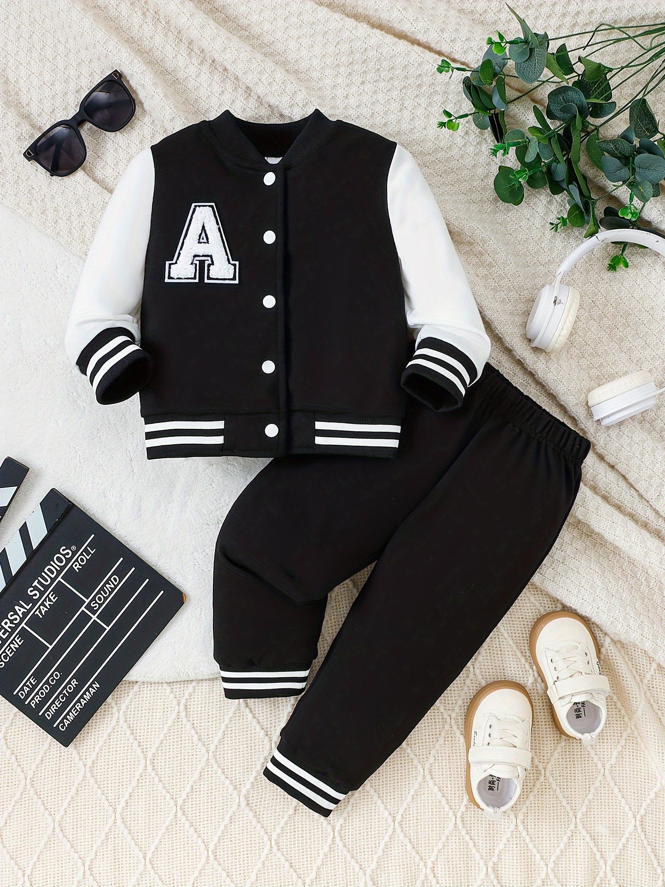 Infant Boys 2-Piece Outfit Set Letter A Embroidered Top Casual Pants Spring Fall Polyester Knit Black White