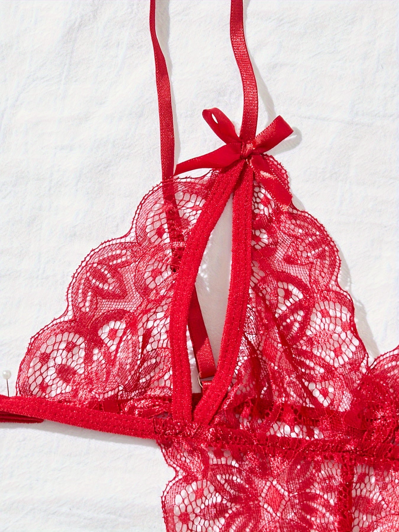 Women's Lace Teddy Bodysuit with Deep V Neckline and Contrast Lace Details