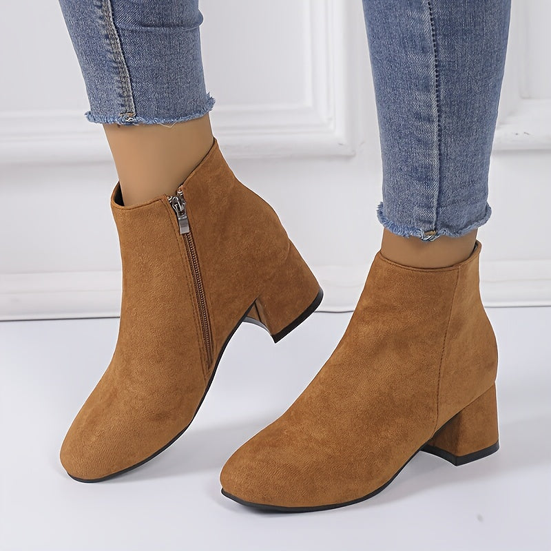 Women's Solid Color Block Heeled Ankle Boots Side Zipper Short Shoes