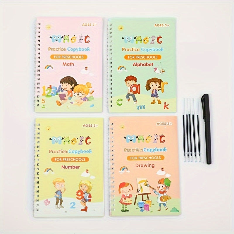 English Handwriting Practice Workbooks for Kids with Grooved Pages and Stickers, Educational Notebook Set