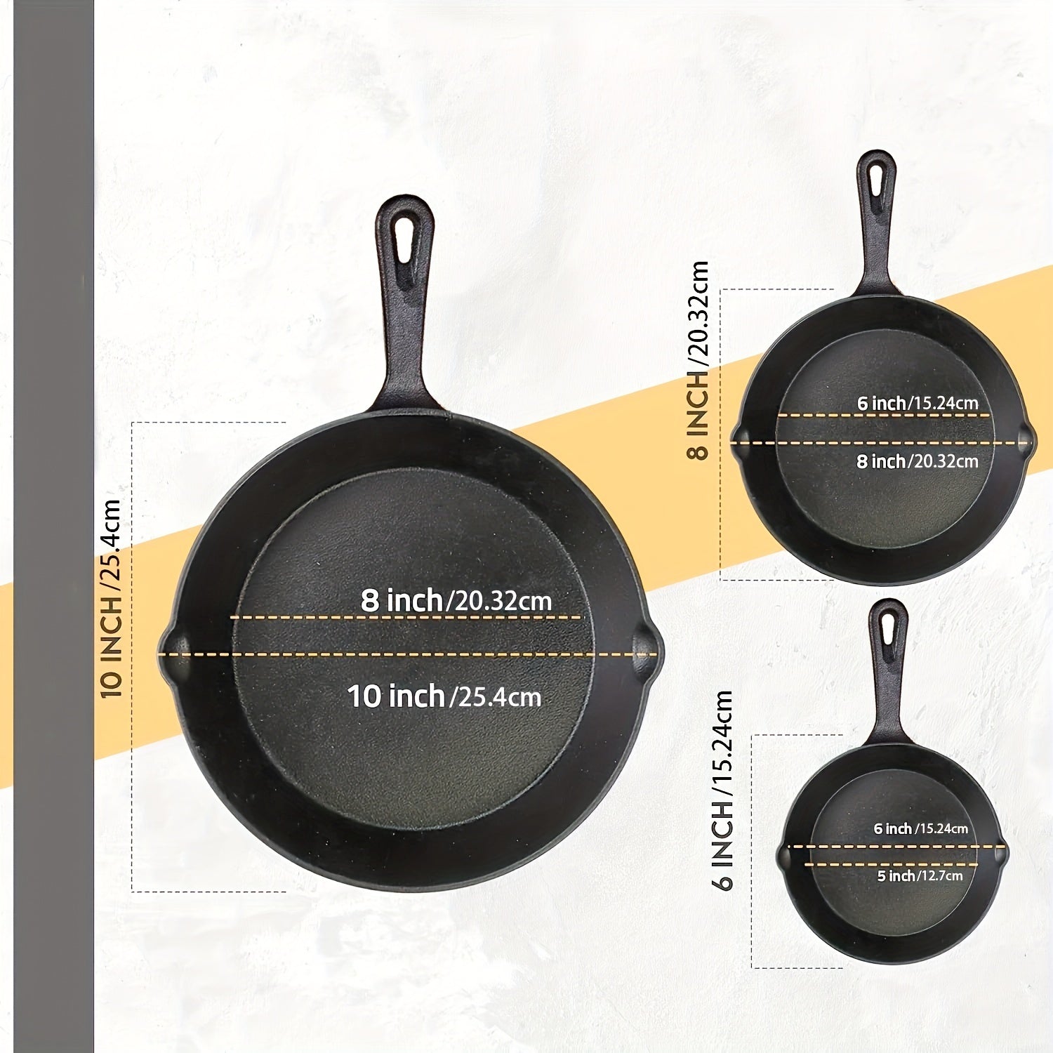 Набор из трех предварительно закаленных чугунных сковород с двойными носиками для слива - Рекомендуется ручная стирка. Включает размеры 15,24 см, 20,32 см и 25,4 см.