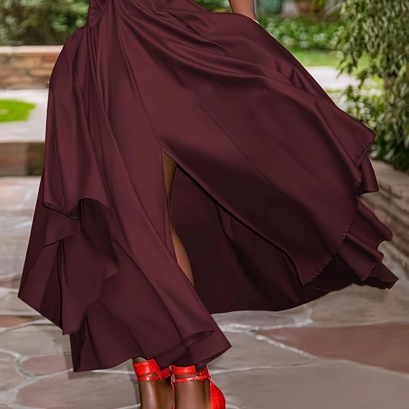 Plus Size Midi Skirt with Belt Side Slit High Waist Non-Stretch Polyester for Spring Summer Fall