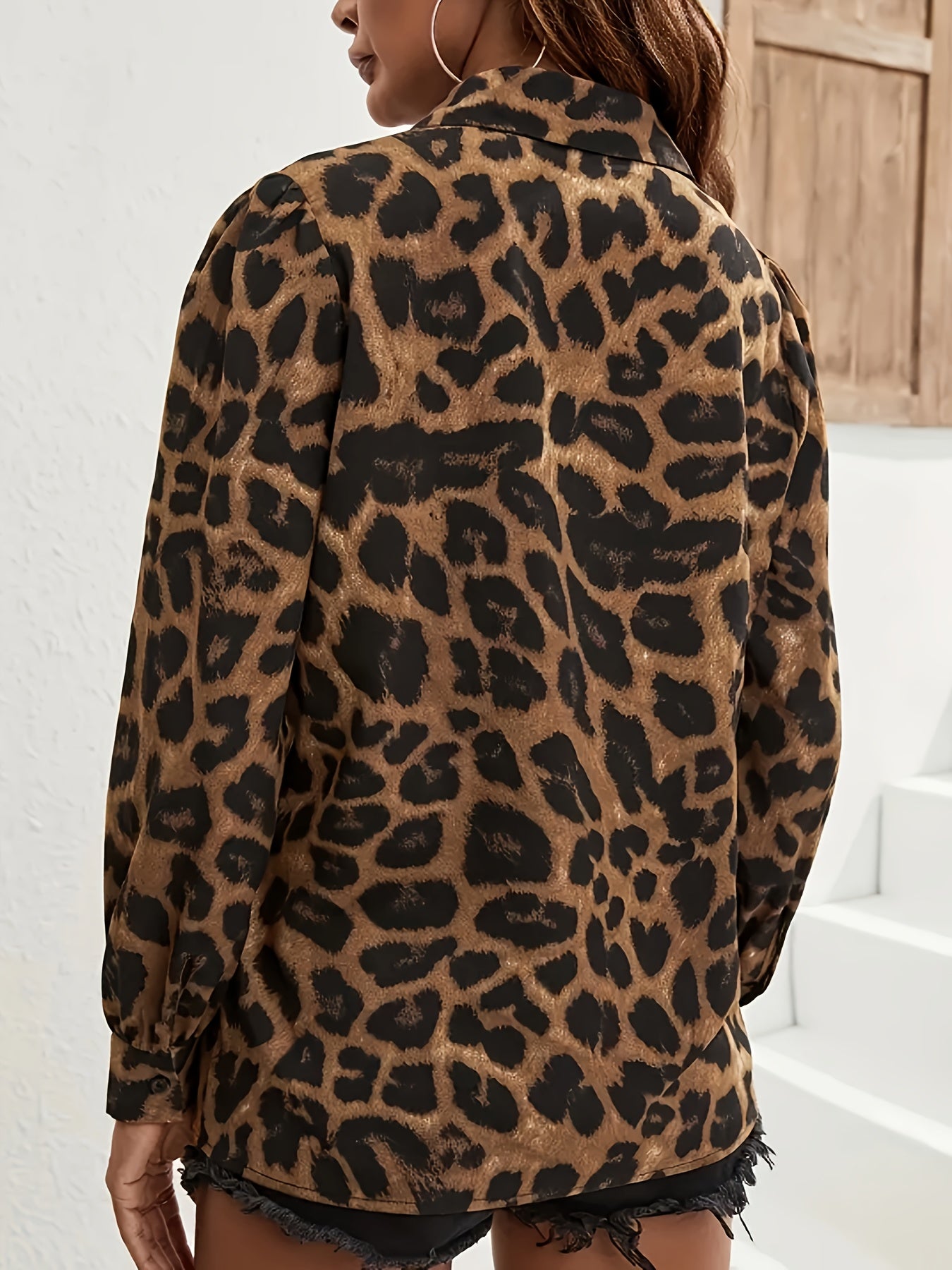 Leopard Print Long Sleeve Shirt for Women Polyester Spring Fall Casual