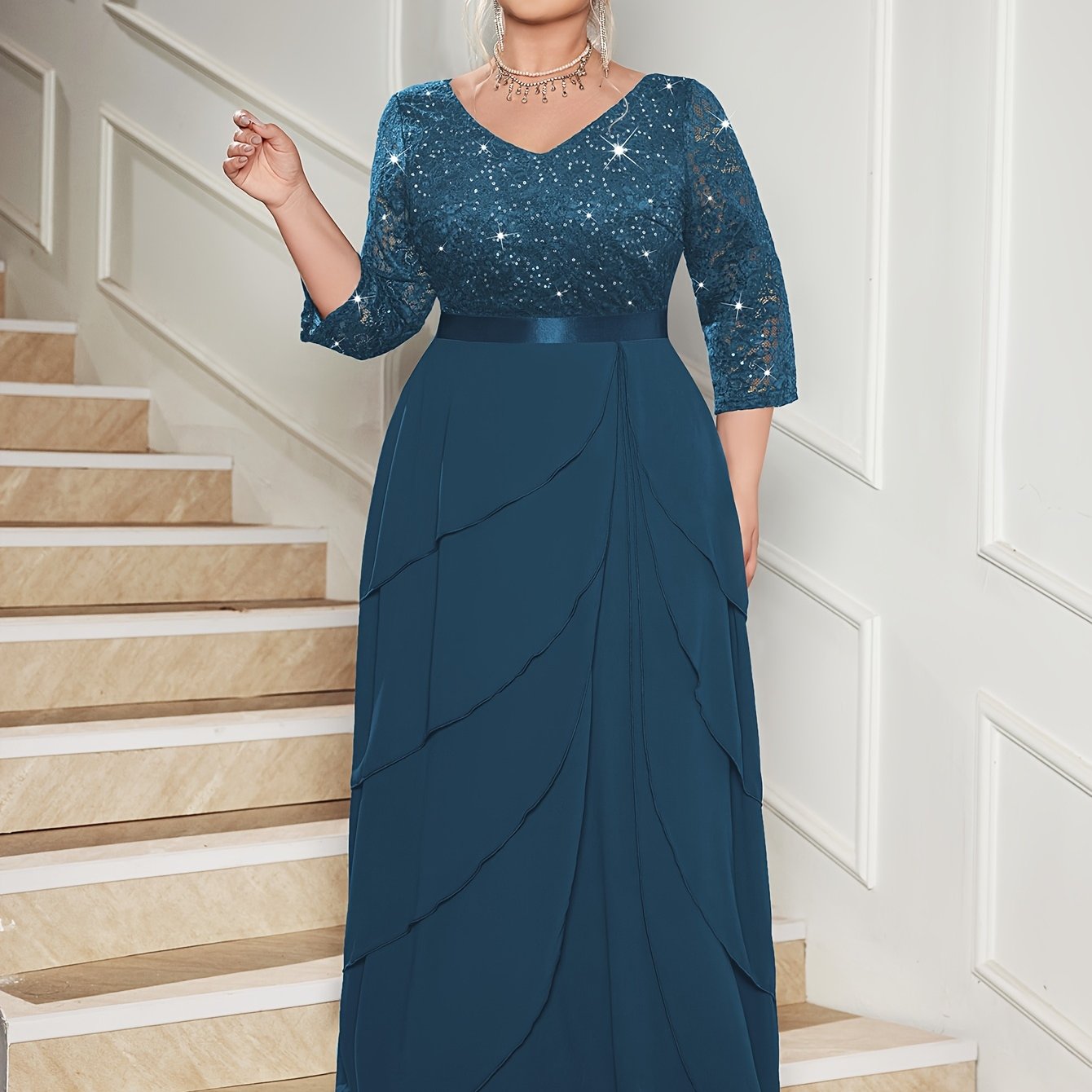 Plus Size Women's Sequin Lace V-Neck Maxi Dress Formal Evening Gown