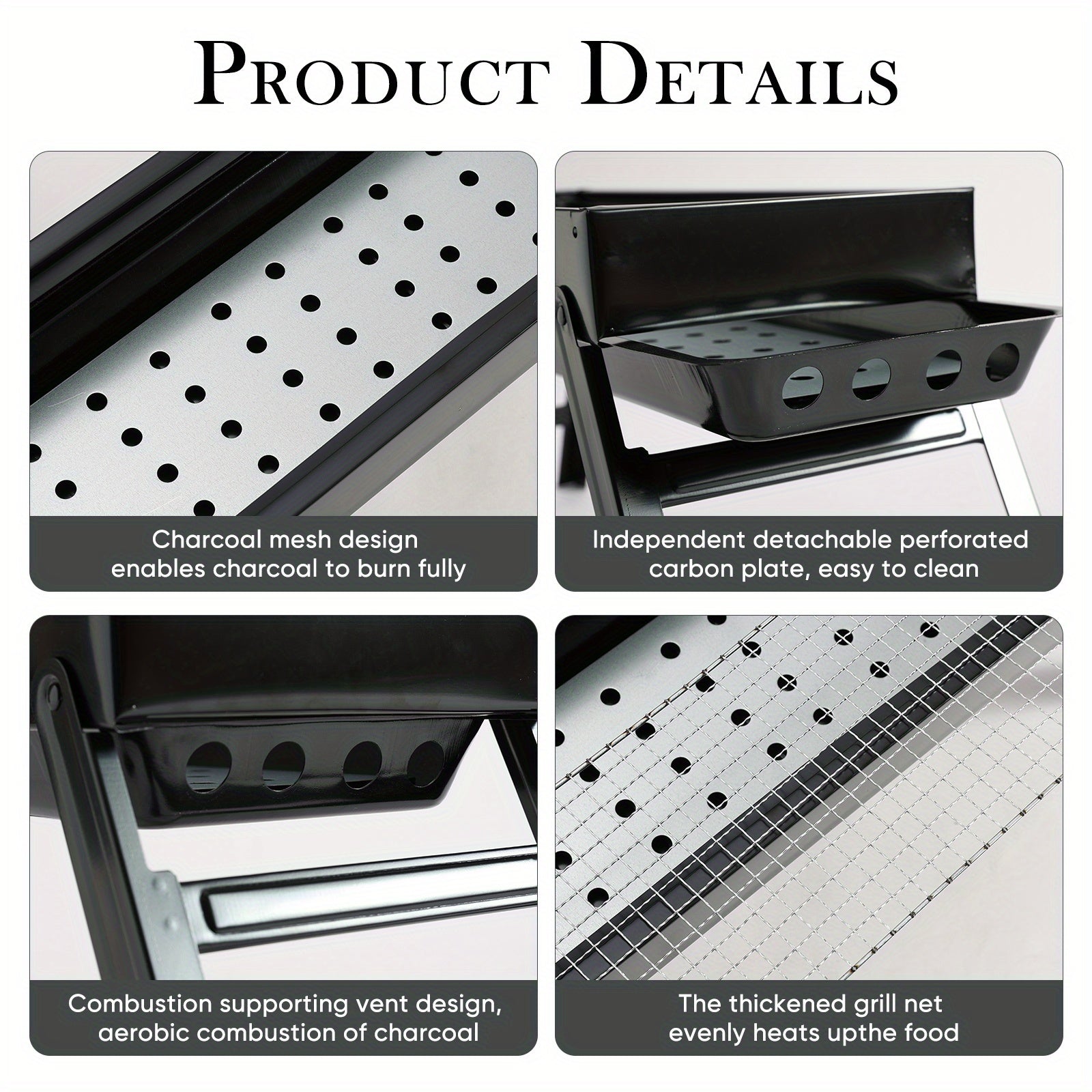 Portable stainless steel foldable charcoal grill with adjustable racks for outdoor cooking camping picnics backyard BBQs kebabs burgers