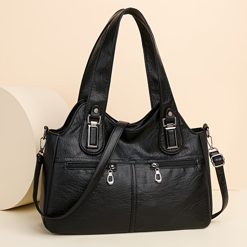 Retro PU Leather Tote Bag with Multiple Pockets Large Capacity Casual Shoulder Crossbody Bag