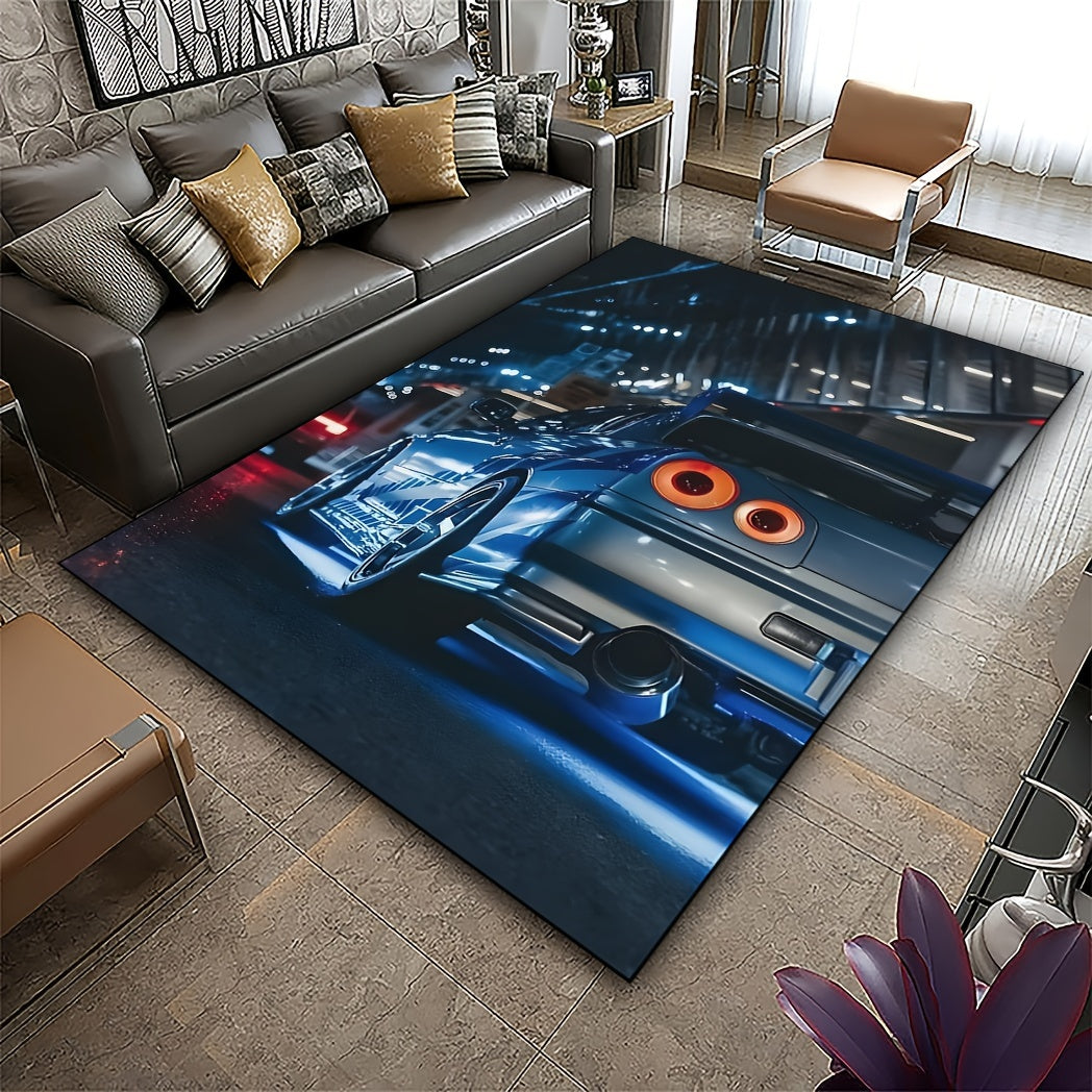 Blue Velvet Sports Car Area Rug Non-Slip Machine Washable Polyester for Teen Rooms