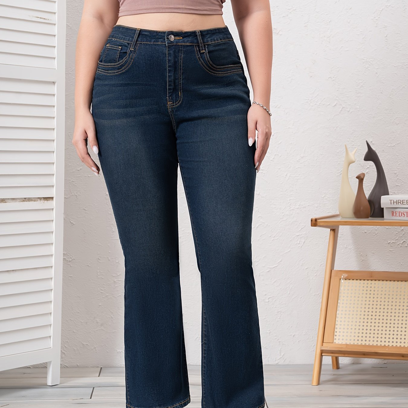 Plus Size Women's Denim Bootcut Jeans Blue Casual Zipper Button Closure