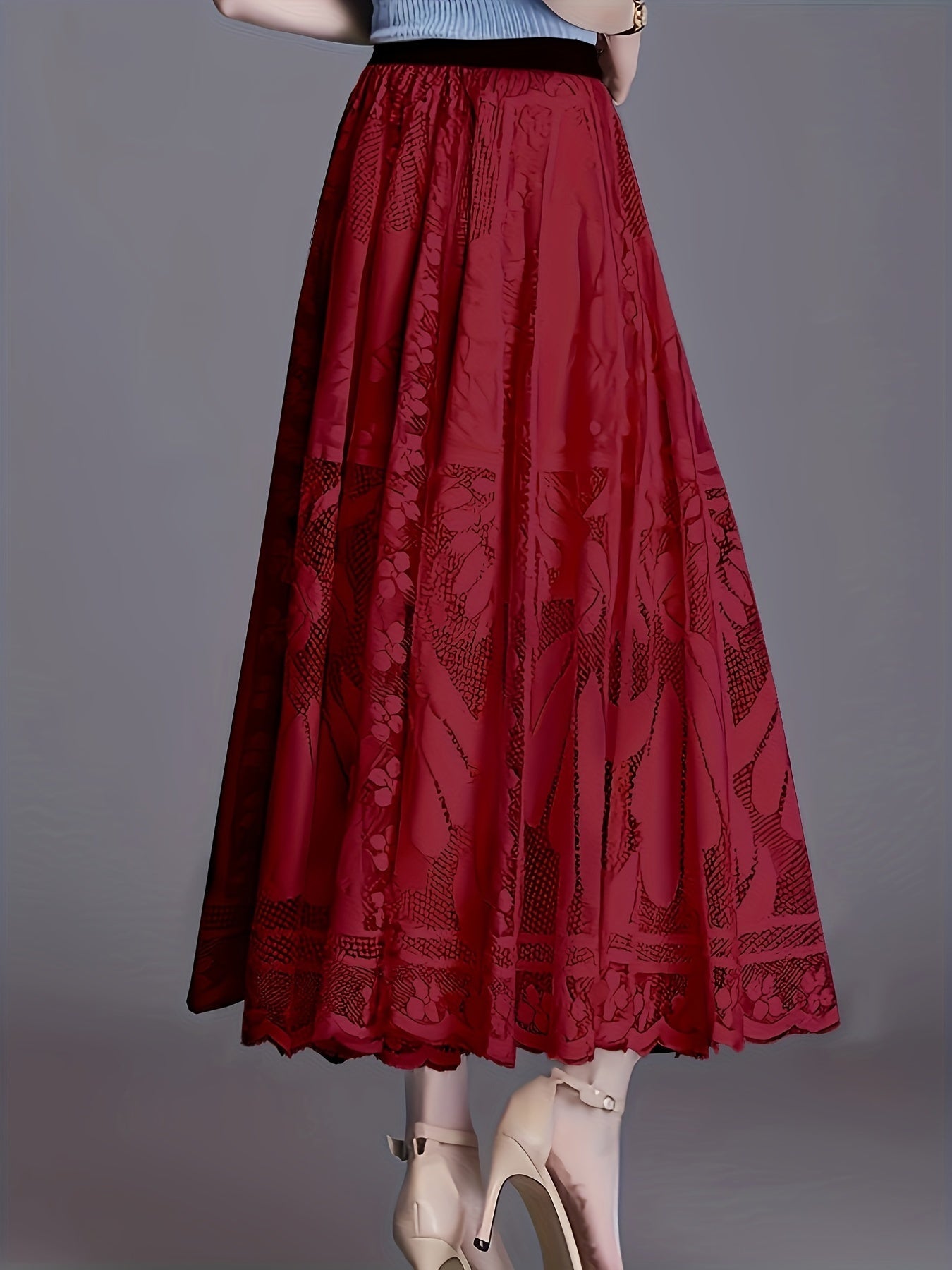 Vestido de encaje floral de lavado a mano con forma A, detalle de abanico y falda midi plisada para primavera, verano y otoño