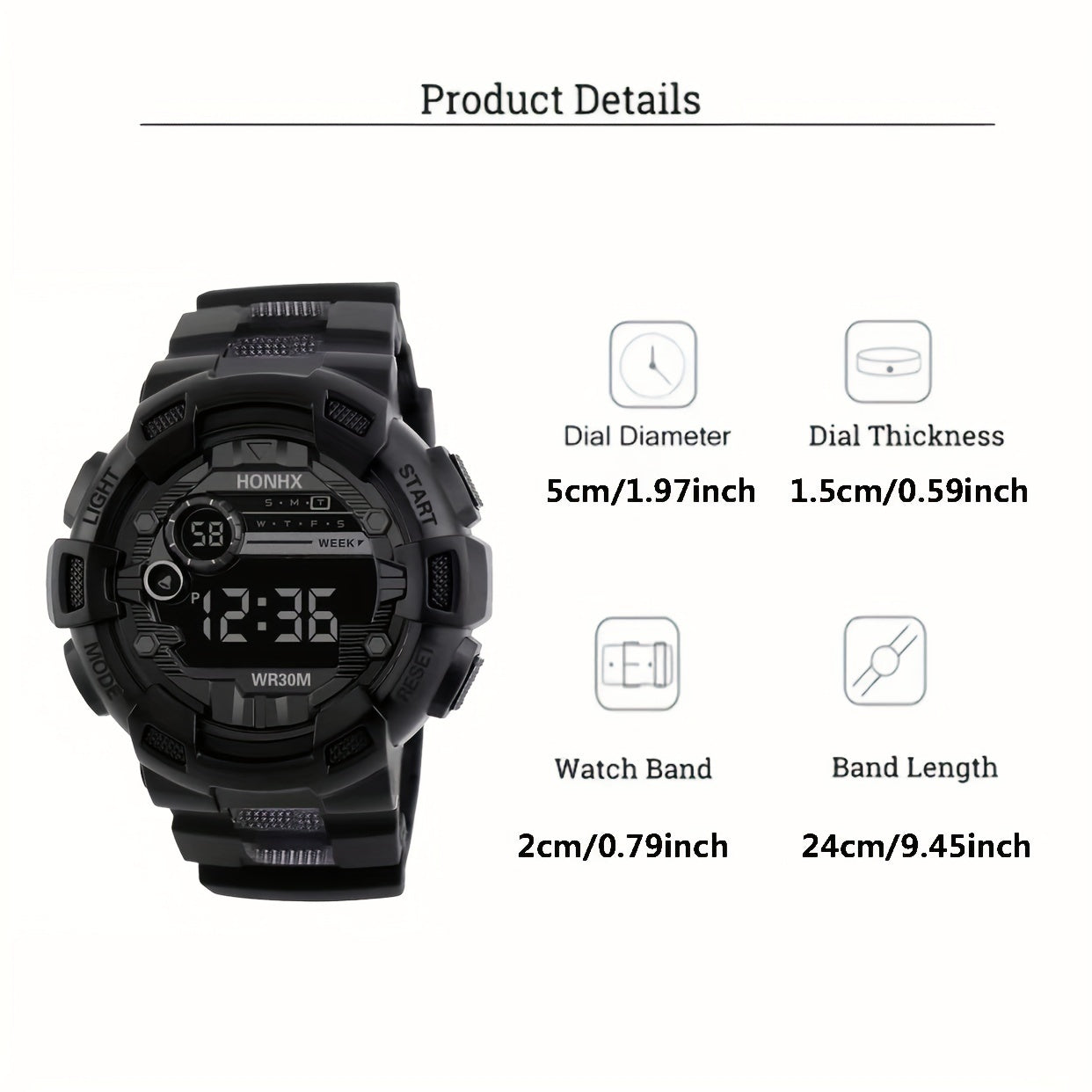 Men's Digital Sports Watch with Stopwatch Night Light and Black Plastic Band