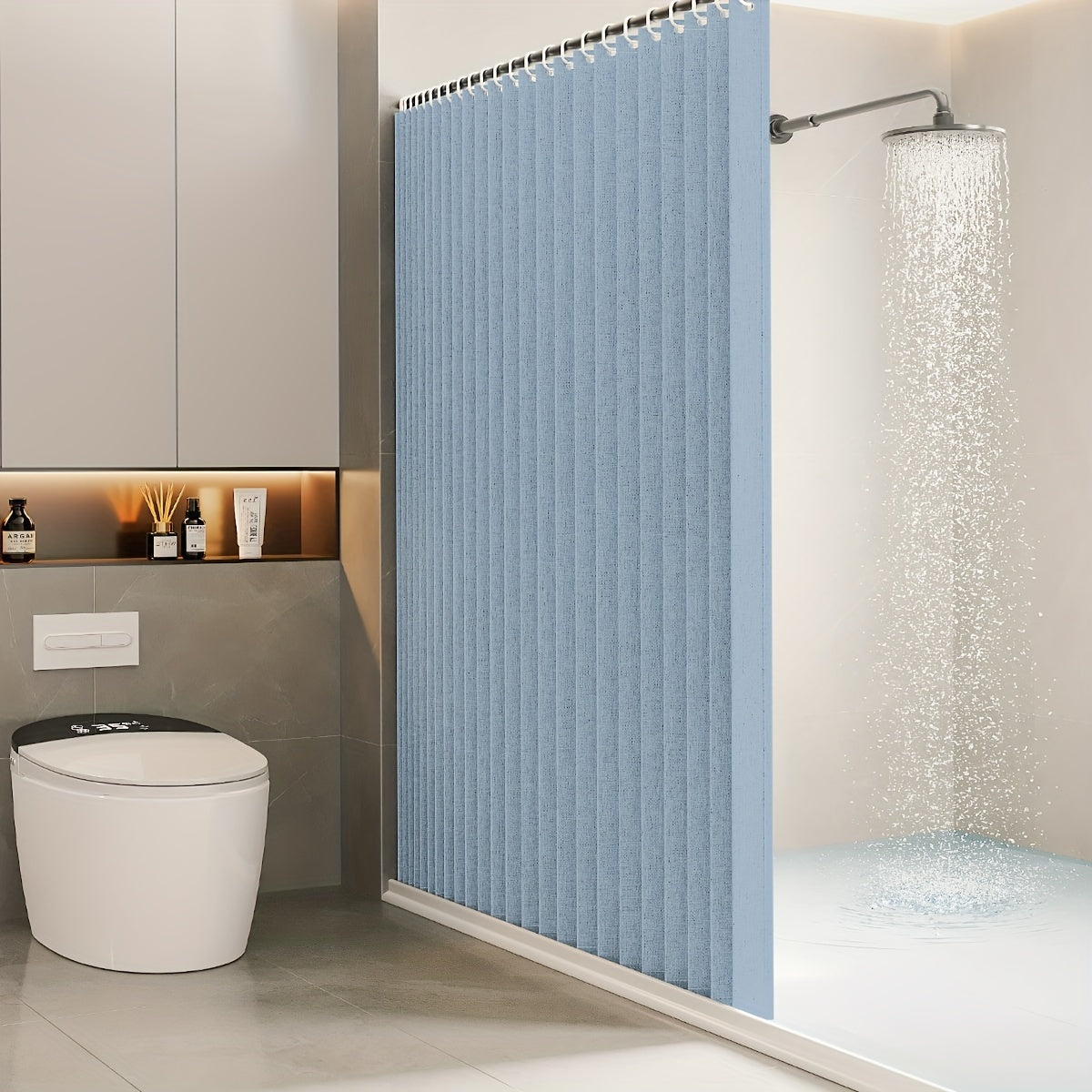 Folding Shower Curtain White Blue Moisture-Resistant 180cm x 180cm
