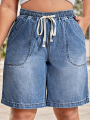 Women's Plus Size Elastic Waist Bermuda Shorts Casual Stretch Denim Light Blue