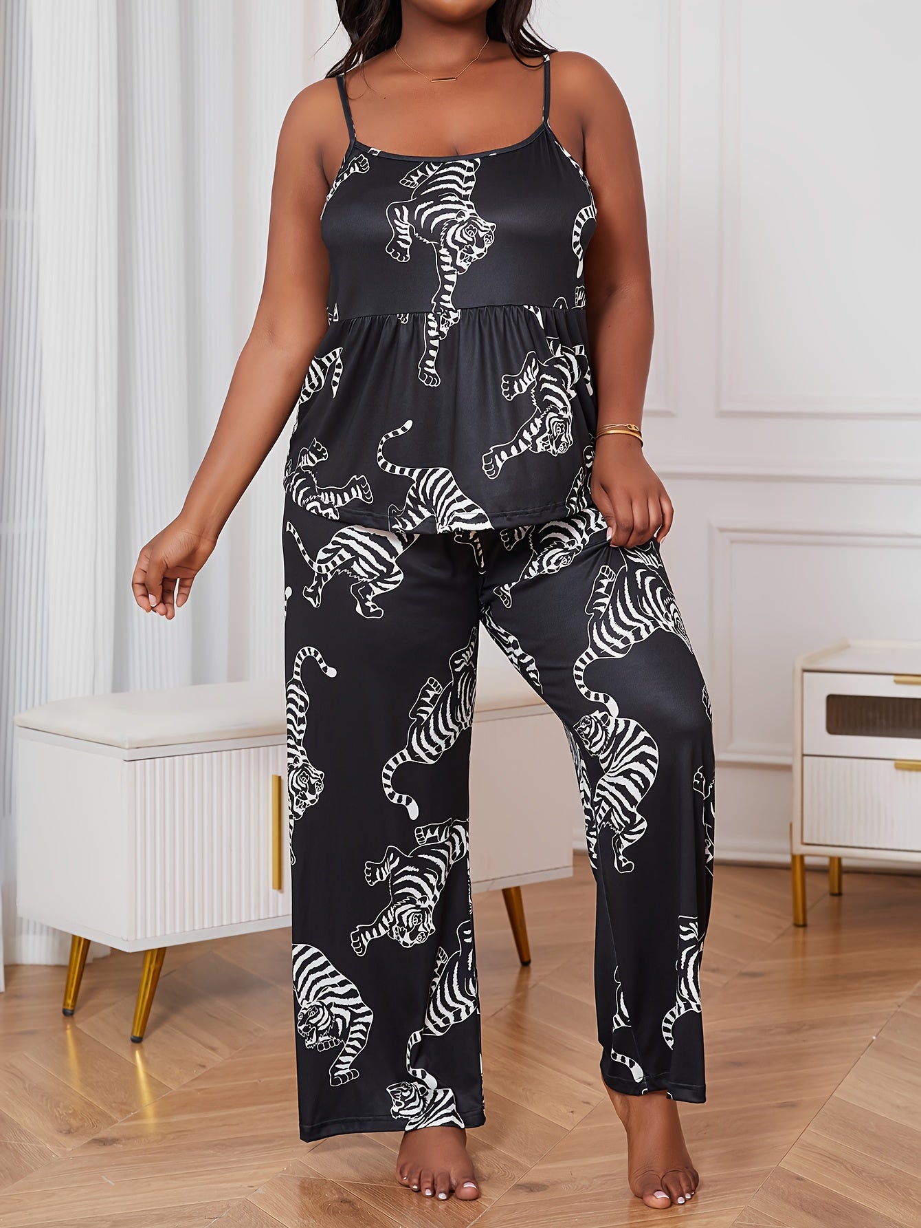 Women's Plus Size Lounge Set Tiger Print Cami Top Pants Robe Pajama Fall Winter