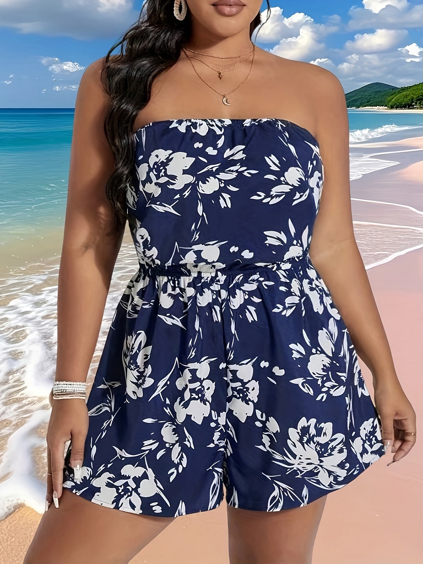 Plus Size Floral Off-Shoulder Romper Navy Blue Sleeveless Jumpsuit
